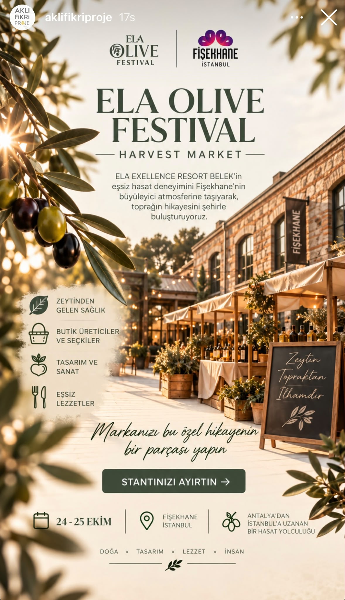 Ela Olive Festival Harvest Market afişi. 24–25 Ekim, Fişekhane İstanbul. Zeytin, butik üreticiler, tasarım, sanat ve lezzetler.